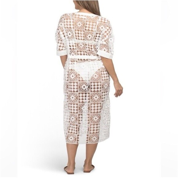 4OUR Dreamers Maxi Crochet Lace Swim Cover Up Caftan White Tie Waist Small - Picture 4 of 8